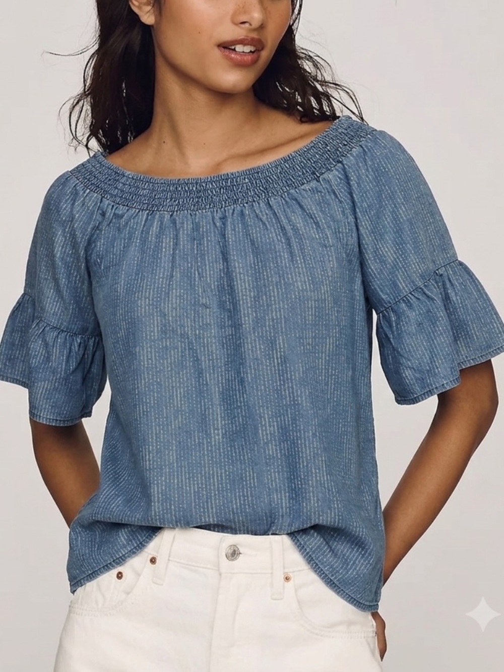 Prana Tencel Chambray Ruffle Sleeve Top Size M Dotted Striped Smocked Neck Boho